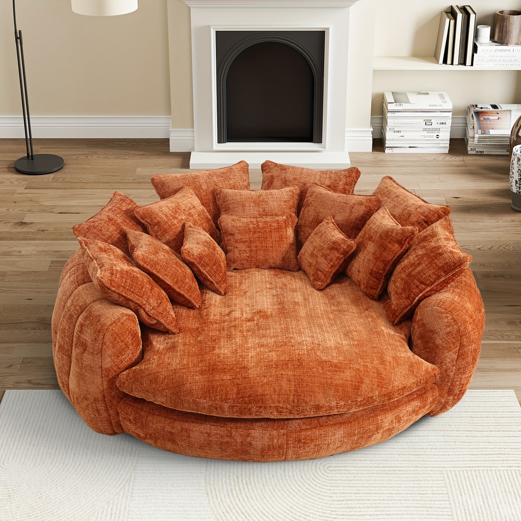 81.1" W Oversized Round Chaise Lounge, Fluffy Lazy Bean Bag Sofa With 14 Pillows, Comfy Chenille Upholstered Barrel Sleeper Bed, Modern Deep Seat Cloud Couch For Living Room Apartment SS69 783.69 Orange