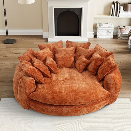 81.1" W Oversized Round Chaise Lounge, Fluffy Lazy Bean Bag Sofa With 14 Pillows, Comfy Chenille Upholstered Barrel Sleeper Bed, Modern Deep Seat Cloud Couch For Living Room Apartment SS69 783.69 Orange