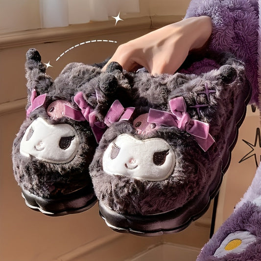 1 Pair Sanrio Hello Kitty Kuromi Women's Plush Slippers - Cute Character Design with Bows, Soft Fabric Upper & Lining, Non-Slip PVC Sole, Warm Winter Indoor House Shoes for Women, Playful Design, Comfortable Footwear SS69