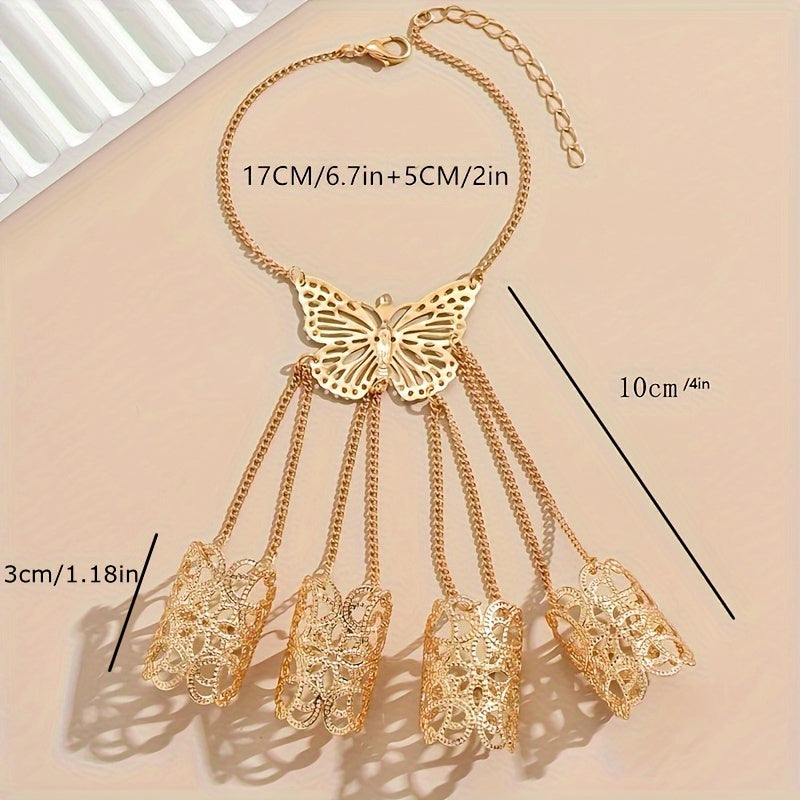 1pc Boho Punk Style 14K Golden Plated Copper Hand Chain, Exaggerated Butterfly Finger Ring Bracelet for Women, Versatile Jewelry for Daily and Banquet Occasions, All-Season Accessory SS69