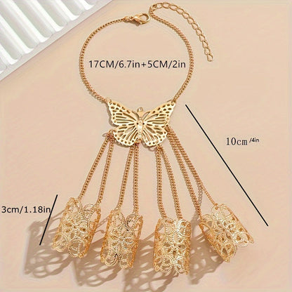 1pc Boho Punk Style 14K Golden Plated Copper Hand Chain, Exaggerated Butterfly Finger Ring Bracelet for Women, Versatile Jewelry for Daily and Banquet Occasions, All-Season Accessory SS69