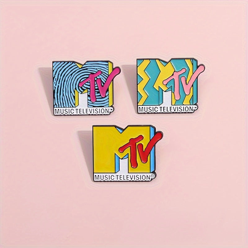 3pcs MTV Cartoon-Inspired Alloy Brooch Pins - Vibrant, Colorful Music Television Metal Badge Accessories, Cute and Versatile for Casual Attire SS69