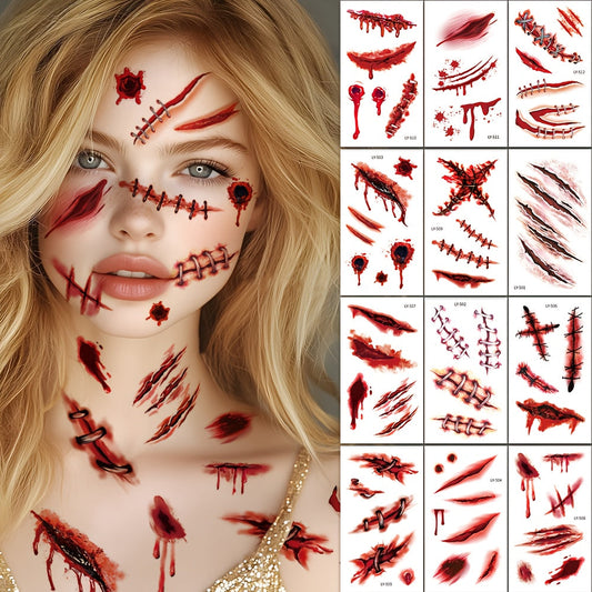 12 Sheets Halloween 3D Fake & Bloody Wound Temporary Tattoos for Adults - Realistic Horror Face & Body Paint with Lip, Jaw, Neck, Back, Leg Designs - Safe Non-Permanent Tattoo Makeup for Zombie Cosplay, Costume Parties & Pran SS69