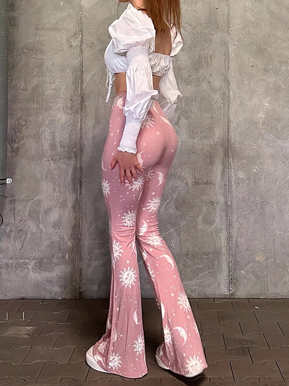 Polyester Spandex Blend Flare Leg Pants - Galaxy Moon Sun Print - Young Style for Adult Women - Spring/Fall Season SS69