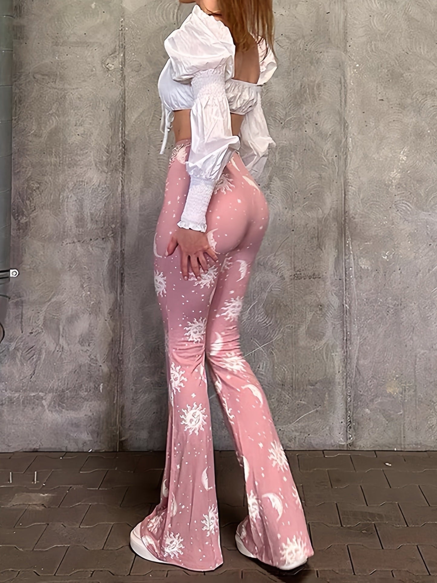 Polyester Spandex Blend Flare Leg Pants - Galaxy Moon Sun Print - Young Style for Adult Women - Spring/Fall Season SS69