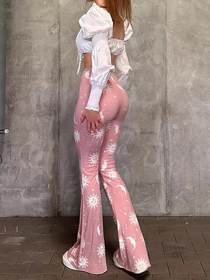Polyester Spandex Blend Flare Leg Pants - Galaxy Moon Sun Print - Young Style for Adult Women - Spring/Fall Season SS69