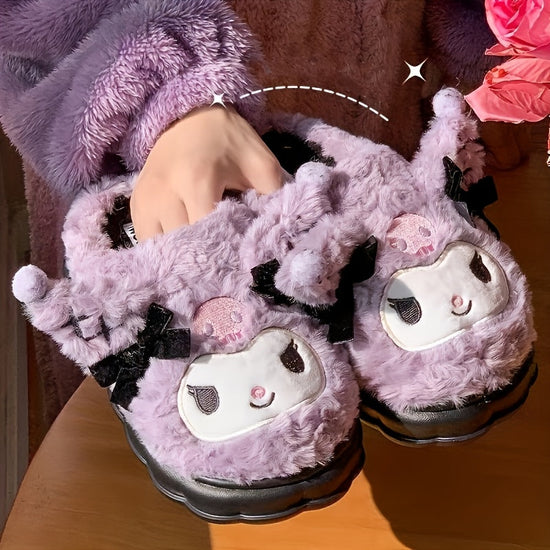 1 Pair Sanrio Hello Kitty Kuromi Women's Plush Slippers - Cute Character Design with Bows, Soft Fabric Upper & Lining, Non-Slip PVC Sole, Warm Winter Indoor House Shoes for Women, Playful Design, Comfortable Footwear SS69