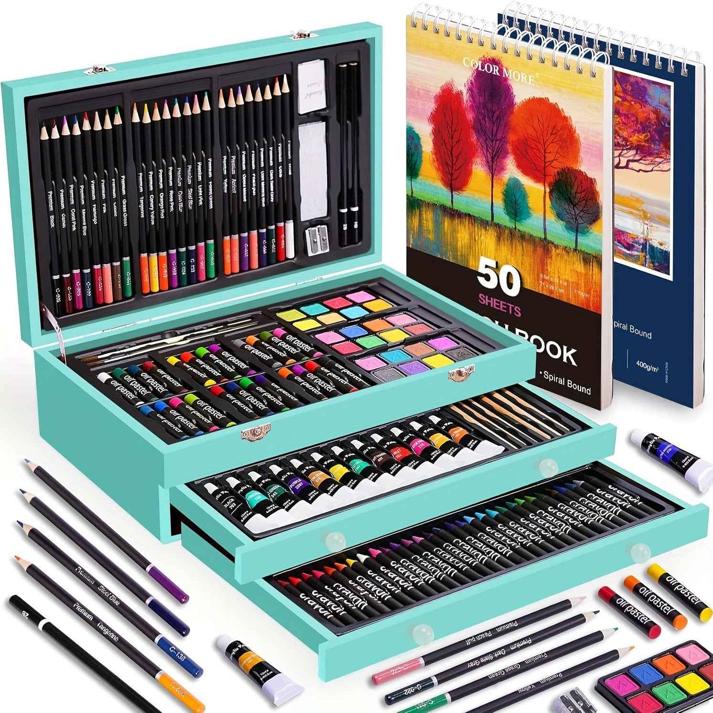 175pcs Deluxe Art Set With 2 Drawing Pads, Crayons, Acrylic Paints, Colored Pencils Set In Wooden Case, Professional Art Kit, Paint Supplies, Gift, Christmas & Halloween, Back To School