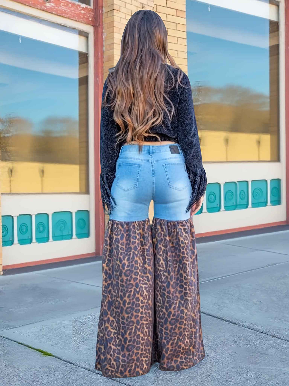 Women's High Waist Pocket Jeans - Retro Print Loose Casual Flared Trousers