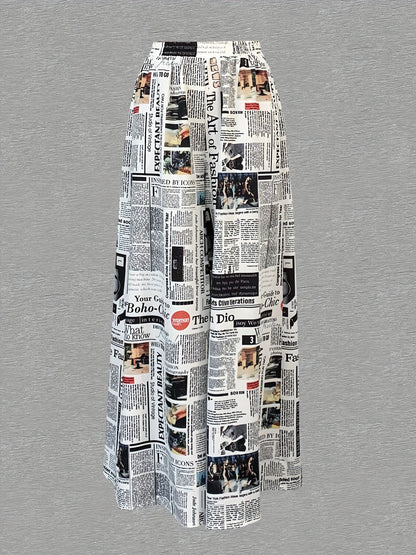 Newspaper Print Wide Leg Pockets Pants, Casual & Versatile High Waist Pants For Spring & Summer, Women's Clothing SS69