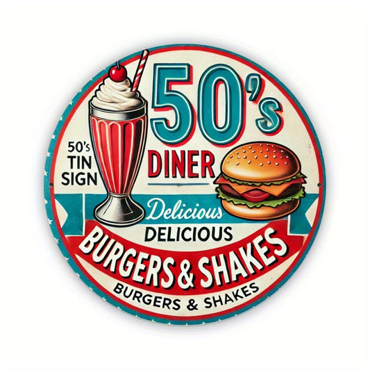 1 Vintage 50'S Diner Metal Sign - Classic Burger & Shake Design, Ideal for Retro Restaurants or Nostalgic Home Kitchen Walls, Durable Iron, 8x8 Inches, Food Wall Art, Perfect for Room Decor SS69
