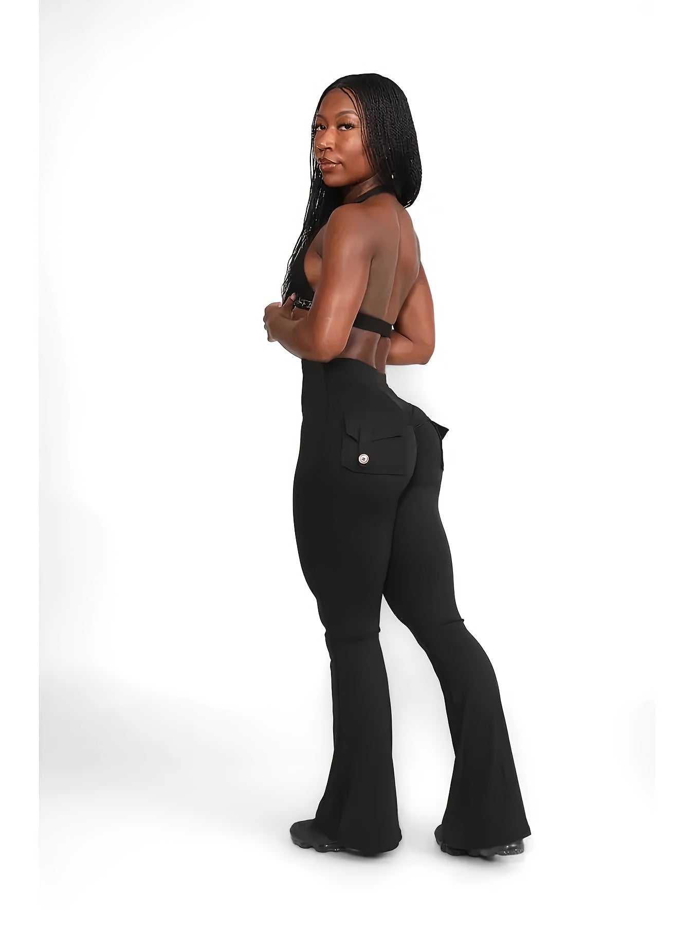 Full Of Elasticity Slim Fit Women's Pocket Yoga Pants - High Waist, Wide Legs, Solid Color, With Phone Pocket - SS69