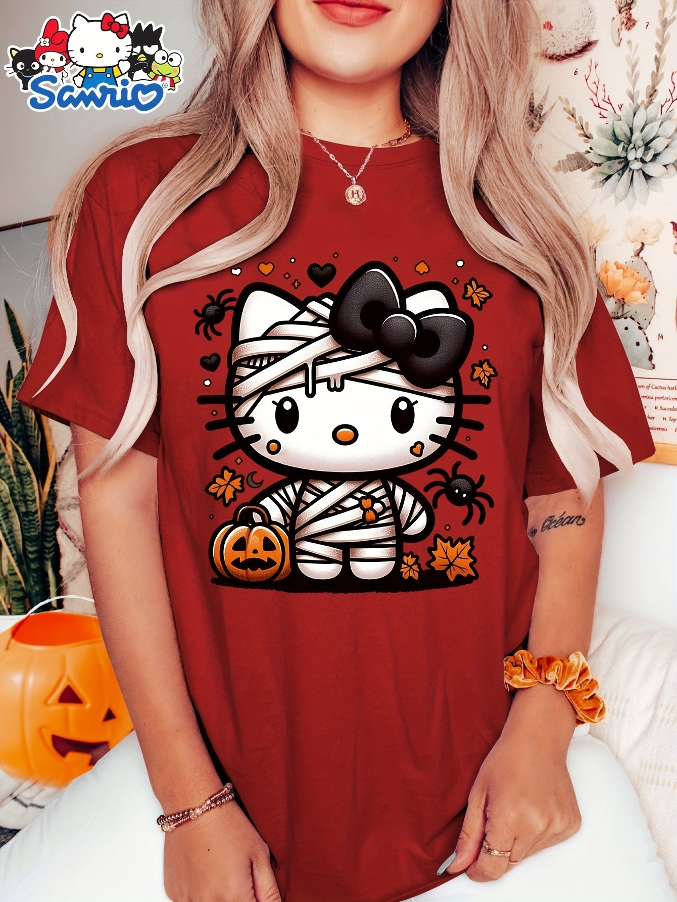 Sanrio Official Halloween Hello Kitty T-Shirt - Mummy Wrapped Graphic Tee with Orange Pumpkin, Casual Costume Party Outfit or Everyday Shirt for Women & Teens (S-XXL, Multi-Color Options) - Cute Sanrio Apparel, Halloween Clot SS69