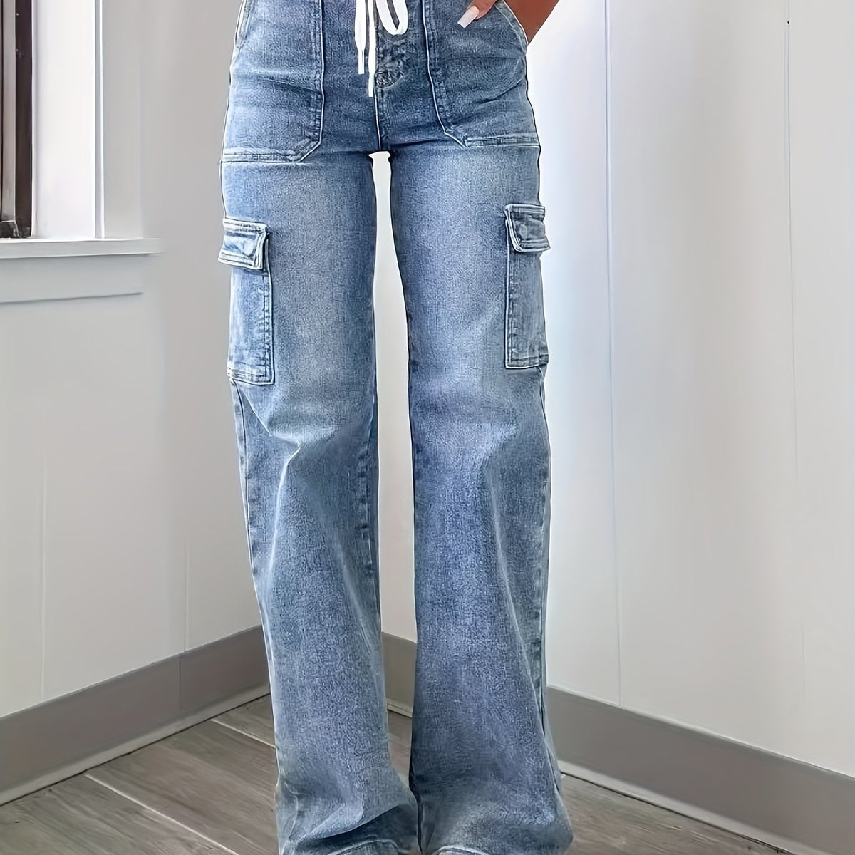 2025 New Style Women'S Leisure Straight-leg Jeans With Laces And Multiple Pockets. Casual Fashion Denim Fabric Sweatpants Jeans Fit Womenswear - SS69 