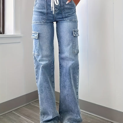 2025 New Style Women'S Leisure Straight-leg Jeans With Laces And Multiple Pockets. Casual Fashion Denim Fabric Sweatpants Jeans Fit Womenswear - SS69 