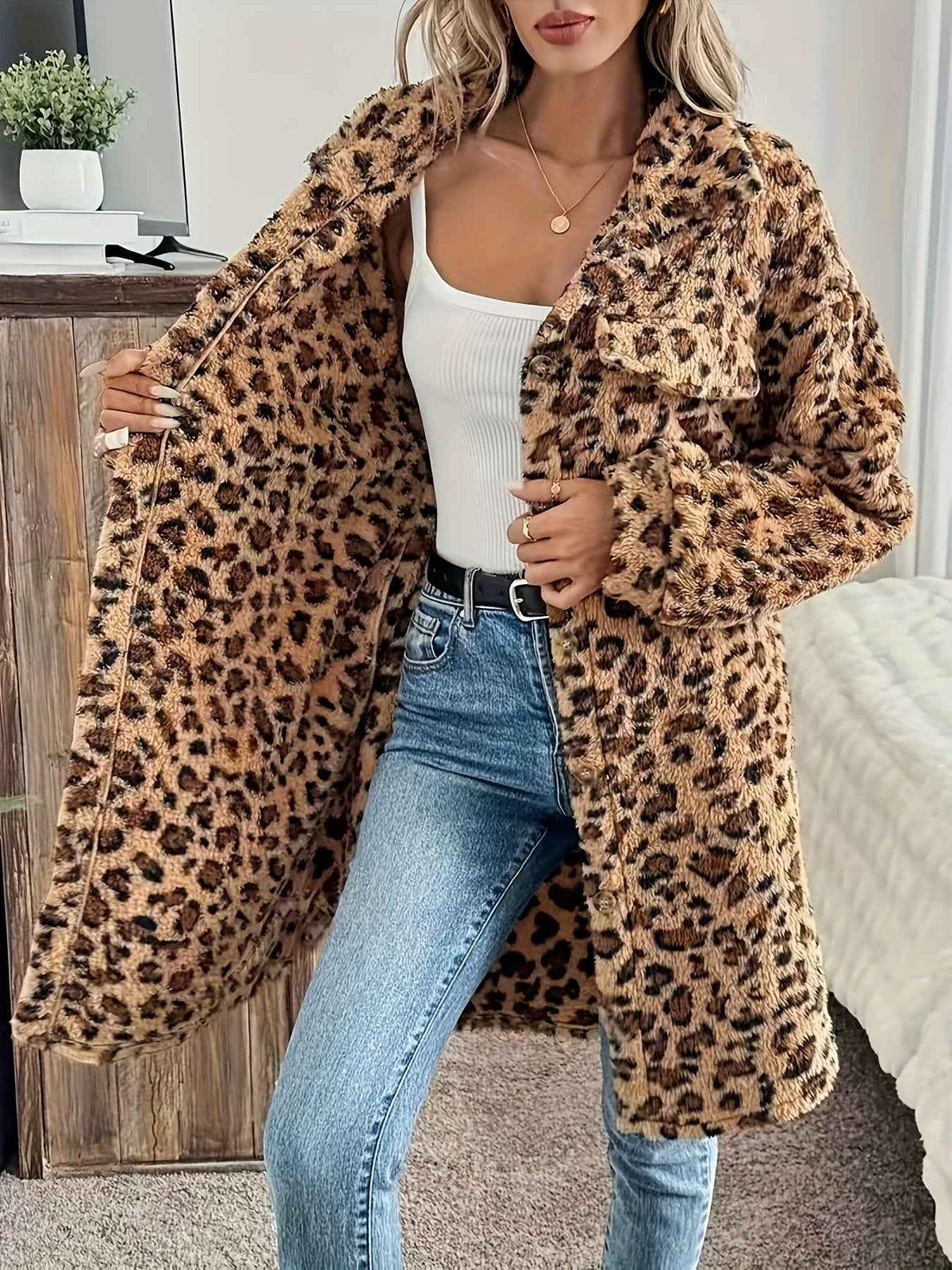 Plus Size - Plus Size - Plus Size - Plus Size - Plus Size - Women'S Plus Size Leopard Print Coat - Casual Long Sleeve Button-Up Jacket with Lapel Collar, Medium Stretch Fabric, Perfect For Fall/winter, Leopard Print Jacket, W