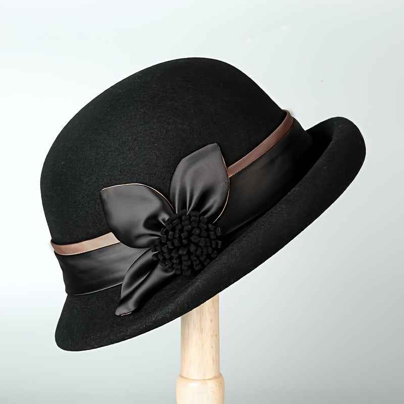 Women'S Elegant English Style Felt Hat - Lightweight Thermal Wide Brimmed Winter Bucket Hat with Brown Neckline, Soft Non-Elastic Design & Ear Flaps, All-Season Snug Fit for Weddings, Parties, New Year'S Events - Machine Wash