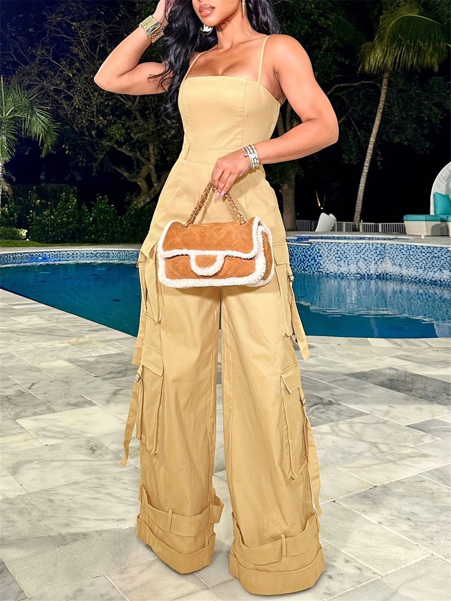 Women'S Y2K Wide-Leg Cargo Jumpsuit - Summer Utility Romper With Multi-Pockets And Spaghetti Straps | Casual Street Style Overalls For Outdoor Adventures/Urban Exploring (Adjustable Spaghetti Straps) SS69