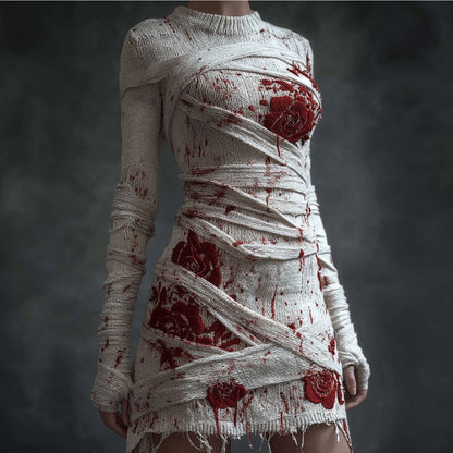 Women's Gothic Skeleton Print Sweater Dress - Form-Fitting Short Sleeve A-Line Dress with Round Neck, Hand Washable Costume Party Outfit for Halloween, Themed Events & Casual Wear (Skeleton Pattern) SS69 26.69 Ivory White / XXL