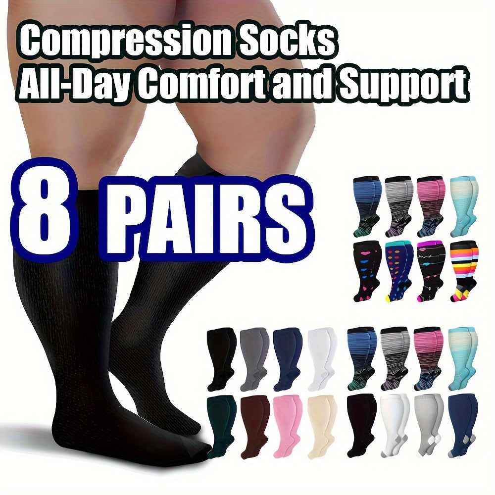 8 Pairs Plus Size Compression Socks for Women Men Compression Socks Wide Calf Sock Knee High Length Support de compresión para mujer for Work Leg Long Compression Stockings Travel Beat Rated