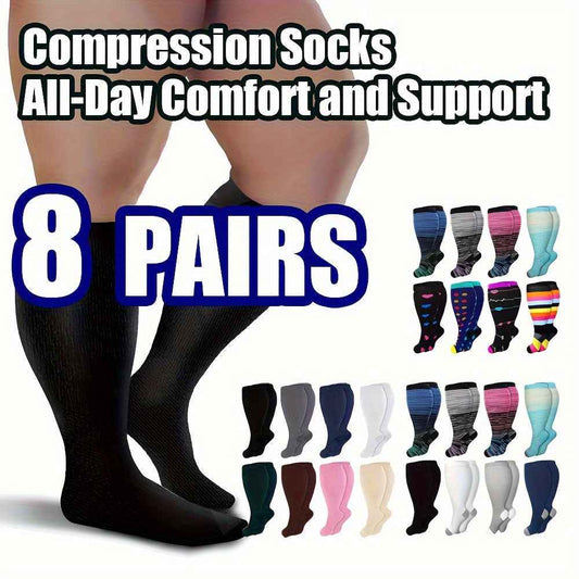 8 Pairs Plus Size Compression Socks for Women Men Compression Socks Wide Calf Sock Knee High Length Support de compresión para mujer for Work Leg Long Compression Stockings Travel Beat Rated