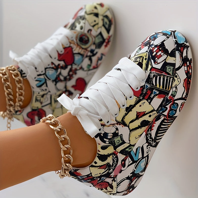 Casual Chic) Women's Vibrant Graffiti Print Lace-Up Sneakers - Low Top, Round Toe, All-Season Casual Shoes with Rubber Sole and Faux Cover Interior, Ladies Shoes - SS69