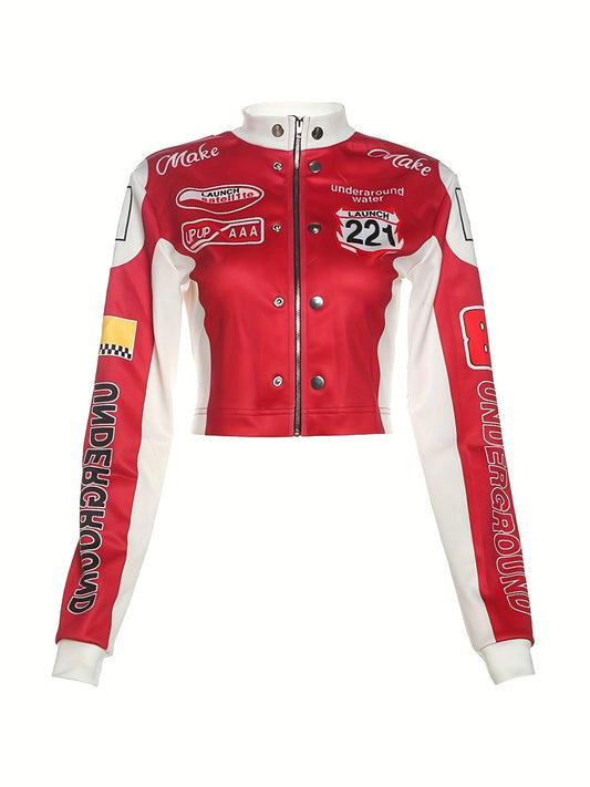 Women's Trendy Streetwear Letter Print Cropped Bomber Jacket - Red & White Casual Zip-Up with Graphic Design, Lightweight Polyester Blend for All Seasons, Fashion Forward Clothing | Trendy Casual Jacket | Polyester Blend Jack SS69