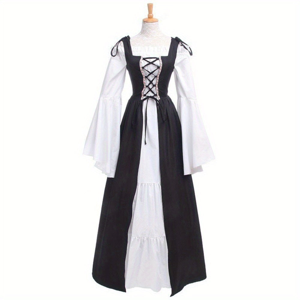 [Elegant Medieval Costume] Elegant Women's Medieval Two-Piece Costume - Renaissance Drama Outfit with Corset-like Bodice & Long Flowing Skirt | Halloween, Renaissance Faire, Themed Parties | Burgundy/White, Black/White, Green