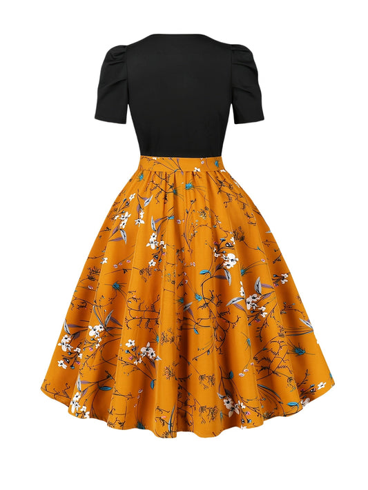 [Vintage Print Midi Dress] Orange Vintage-Inspired Print Midi Dress - Puff Sleeves, Round Neck, Elastic Waist & Belt Detail, Machine Washable Polyester SS69