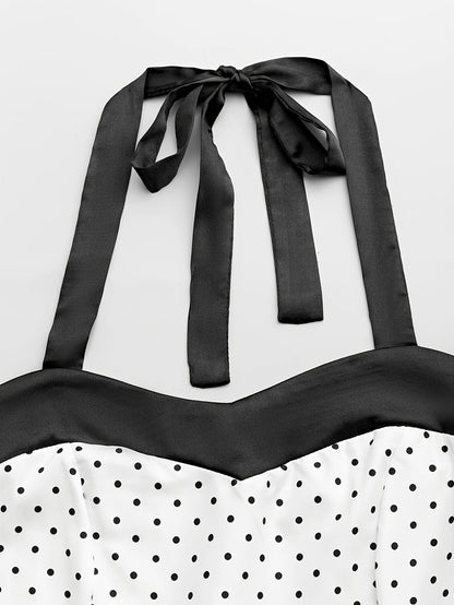Elegant Retro Polka Dot Dress for Women with Ribbon Waist - Halter Neck, A-Line Skirt, Machine Washable, Polyester - Black & White, Perfect for Spring/Summer/Fall Events SS69