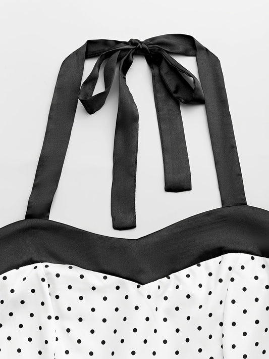 Elegant Retro Polka Dot Dress for Women with Ribbon Waist - Halter Neck, A-Line Skirt, Machine Washable, Polyester - Black & White, Perfect for Spring/Summer/Fall Events SS69
