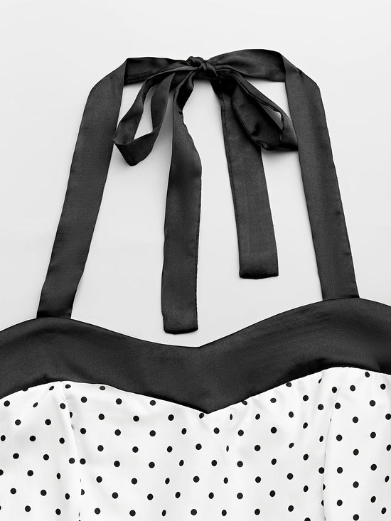 Elegant Retro Polka Dot Dress for Women with Ribbon Waist - Halter Neck, A-Line Skirt, Machine Washable, Polyester - Black & White, Perfect for Spring/Summer/Fall Events SS69
