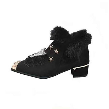 Fashio Pointed Toe faux fur Shoes for Women, Large Size, Fleece-Lined, Thick Heel, Thick Sole, Autumn Winter Warm Shoes