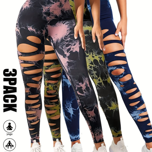 3 Pack High Waist Tie Dye Cutout Yoga Leggings - Scrunch Butt Lifting, Tummy Control, Elastic Workout Pants for Women SS69 42.69 3 Pack-BPN-BLU-LGN / S