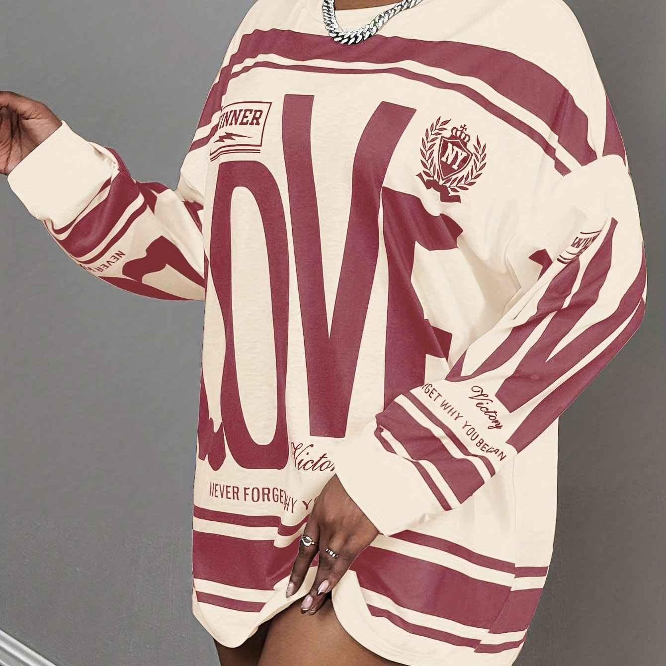 Plus Size - Plus Size - Plus Size - Plus Size - Plus Size Women'S Oversized "LOVE" Letter Print Long Sleeve T-Shirt - Casual Streetwear Style with Pink & Stripes, Comfortable Fabric For All Seasons, Versatile Fashion Top, Plu
