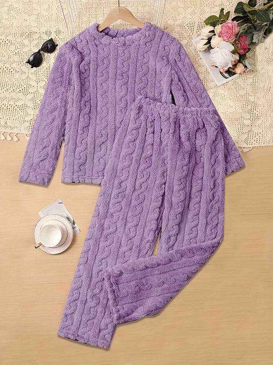 Solid Color Plus Size Women's Cozy Fleece Pajama Set - Soft Long Sleeve Round Neck Top & Pants, Casual Style, Perfect for Fall/Winter, Comfortable Sleepwear|Casual Style Pajamas|Soft Fleece Material