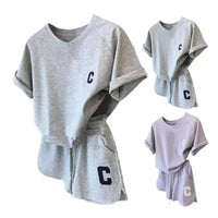 2Pcs Summer Women Tracksuit Soft Drawstring Elastic Waist Sport Clothes O Neck Letter Print T-shirt Lady Exercise Top Shorts Set SS69