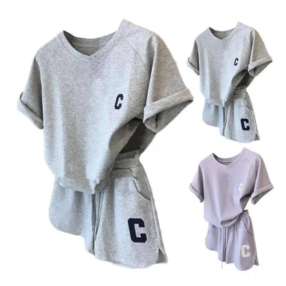 2Pcs Summer Women Tracksuit Soft Drawstring Elastic Waist Sport Clothes O Neck Letter Print T-shirt Lady Exercise Top Shorts Set SS69