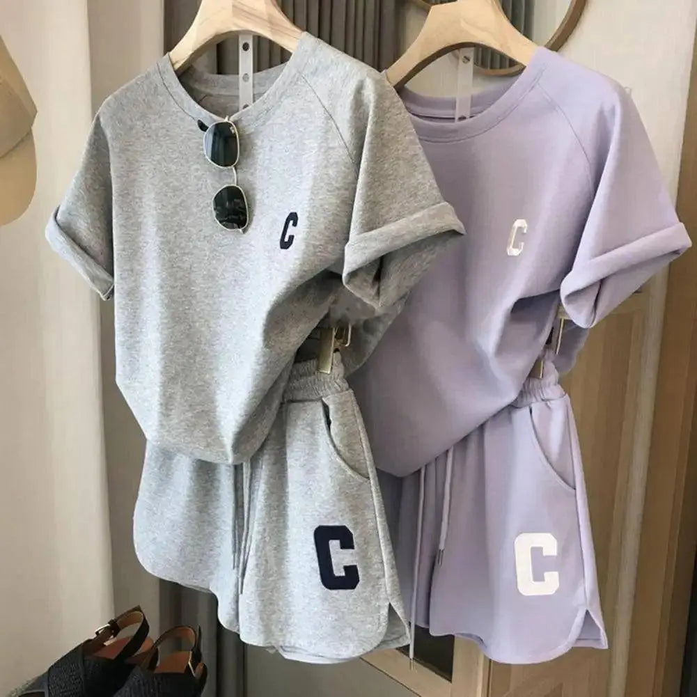 2Pcs Summer Women Tracksuit Soft Drawstring Elastic Waist Sport Clothes O Neck Letter Print T-shirt Lady Exercise Top Shorts Set SS69