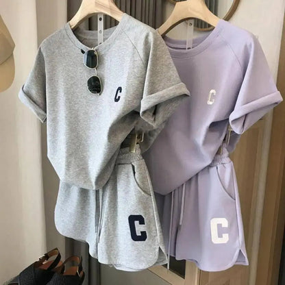 2Pcs Summer Women Tracksuit Soft Drawstring Elastic Waist Sport Clothes O Neck Letter Print T-shirt Lady Exercise Top Shorts Set SS69
