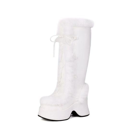 Women's Y2K Goth Boots/Faux Fur Knee-High Platform Winter/Chunky Heel & Lace-Up Closure/Warm Pink Furry Collar/Square Toe/Thick Rubber Sole & PU Cover/Cozy Snow Boots for Christmas, Parties & Casual Attire/Cold Weather Footwe