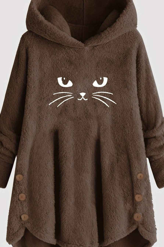 Plus Size, Women's Plus Size Cat Print Button Detail Hem Plush Casual Long Sleeve Hooded Sweatshirt