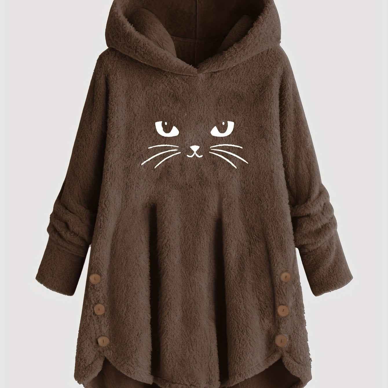 Plus Size, Women's Plus Size Cat Print Button Detail Hem Plush Casual Long Sleeve Hooded Sweatshirt