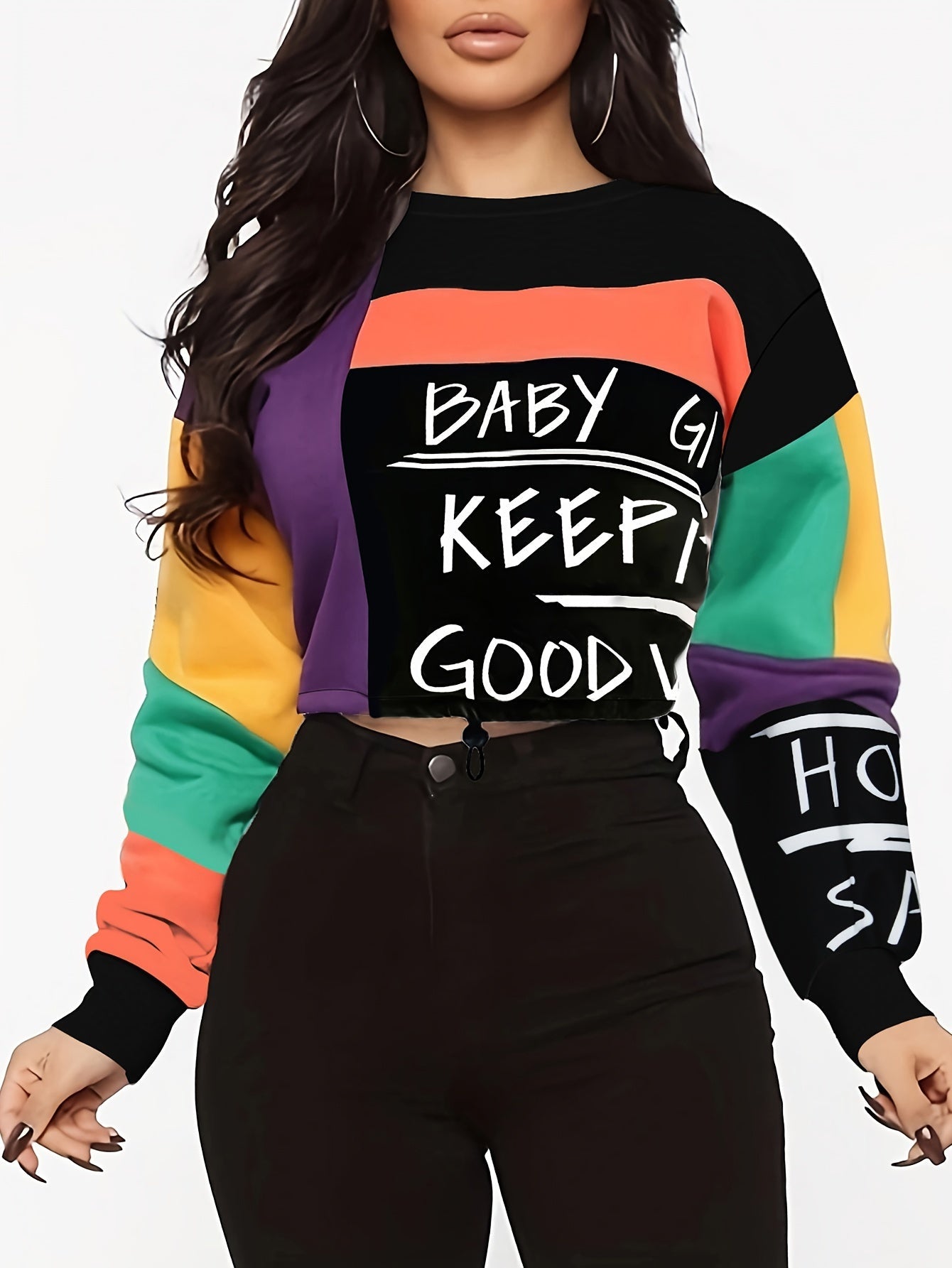 Women'S Color Block Letter Print Sweatshirt - Cozy Long Sleeve Crew Neck For Fall & Winter SS69