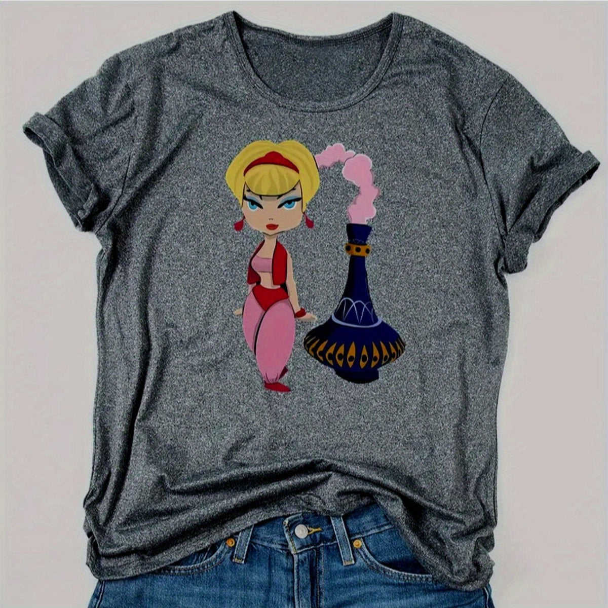 Crew Neck T-Shirt - Fashionable Womens Vibrant Cartoon Graphic Print T-Shirt - Casual Short Sleeve Crew Neck Top - Lightweight & Breathable for Spring & Summer Wardrobe SS69 10.69 XXL / Dark Gray
