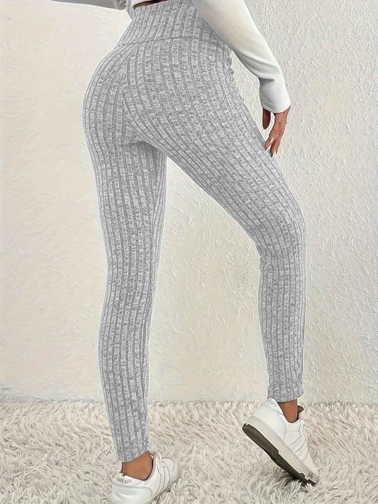 1pc Plus Size High Waist Solid Color Knit Leggings, Casual Stretchy Slimming Tights for Women, Polyester Knitted Fabric, Autumn/Winter Season