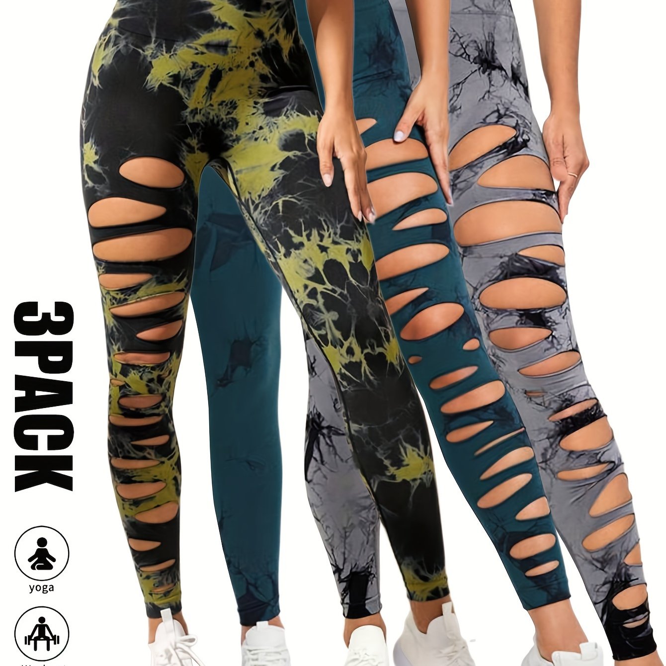 3 Pack High Waist Tie Dye Cutout Yoga Leggings - Scrunch Butt Lifting, Tummy Control, Elastic Workout Pants for Women SS69 42.69 3 Pack-GRY-LGN-DGN / M