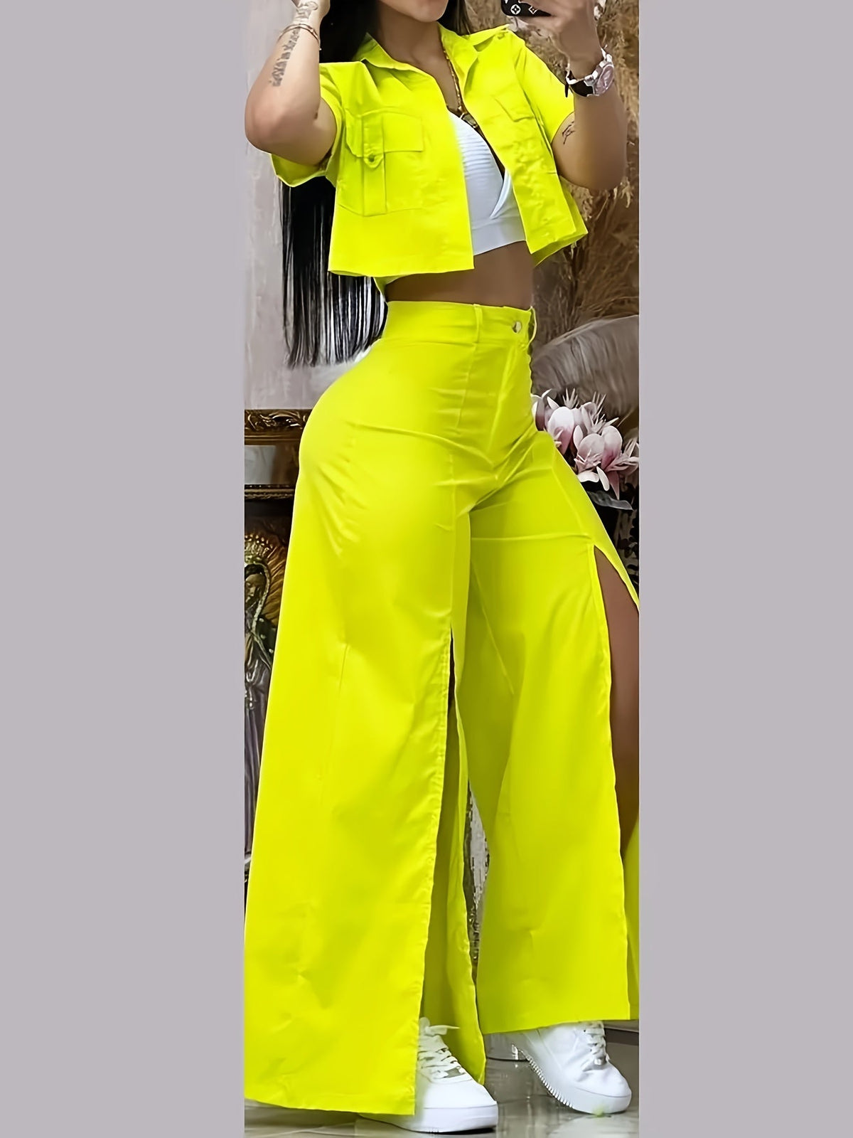 Women's Vibrant Yellow Casual Two-Piece Set: Short Sleeve Button-Up Shirt & High-Waist Wide-Leg Pants with Thigh-High Slit - Polyester, Machine Washable SS69