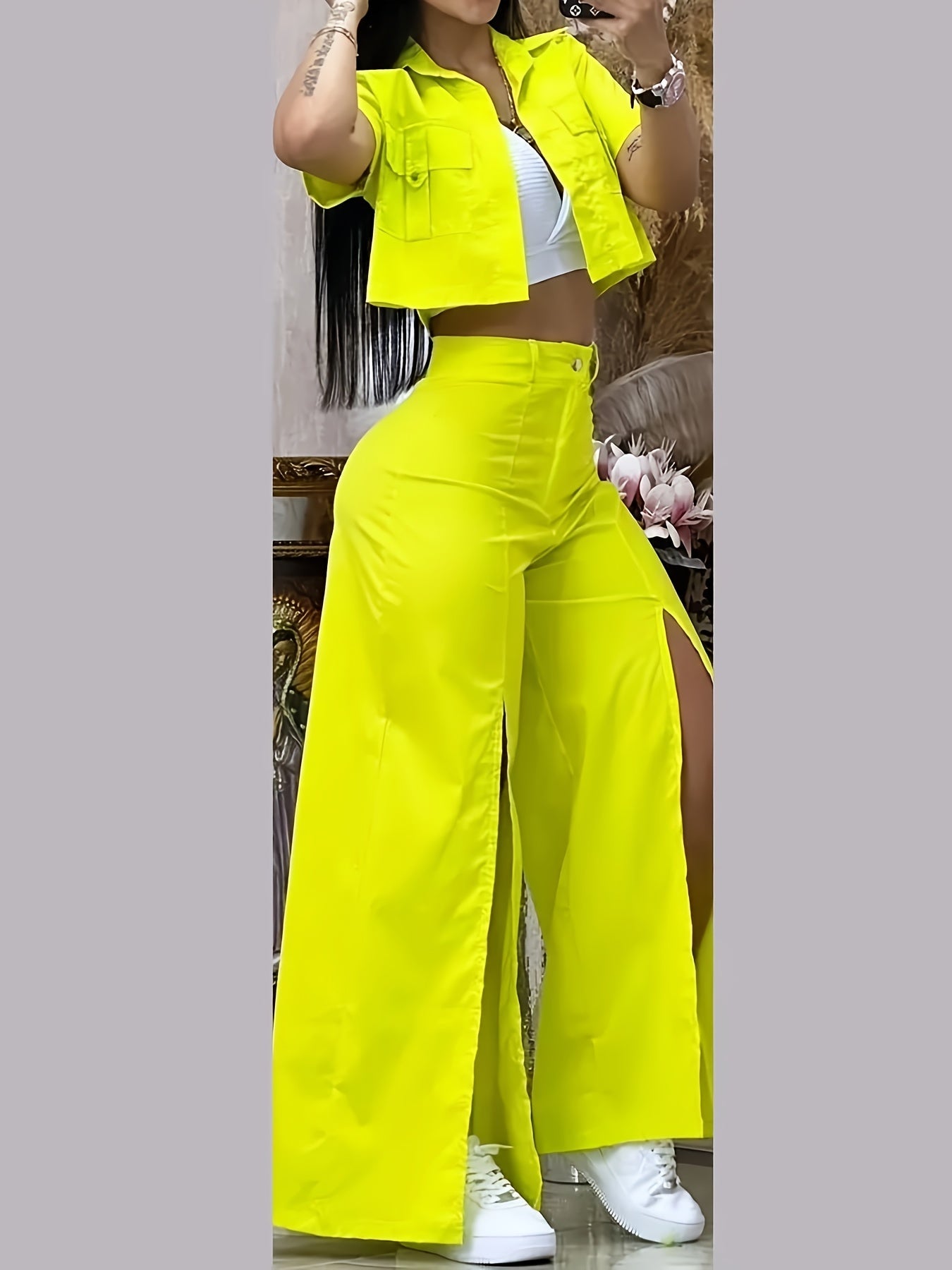 Women's Vibrant Yellow Casual Two-Piece Set: Short Sleeve Button-Up Shirt & High-Waist Wide-Leg Pants with Thigh-High Slit - Polyester, Machine Washable SS69