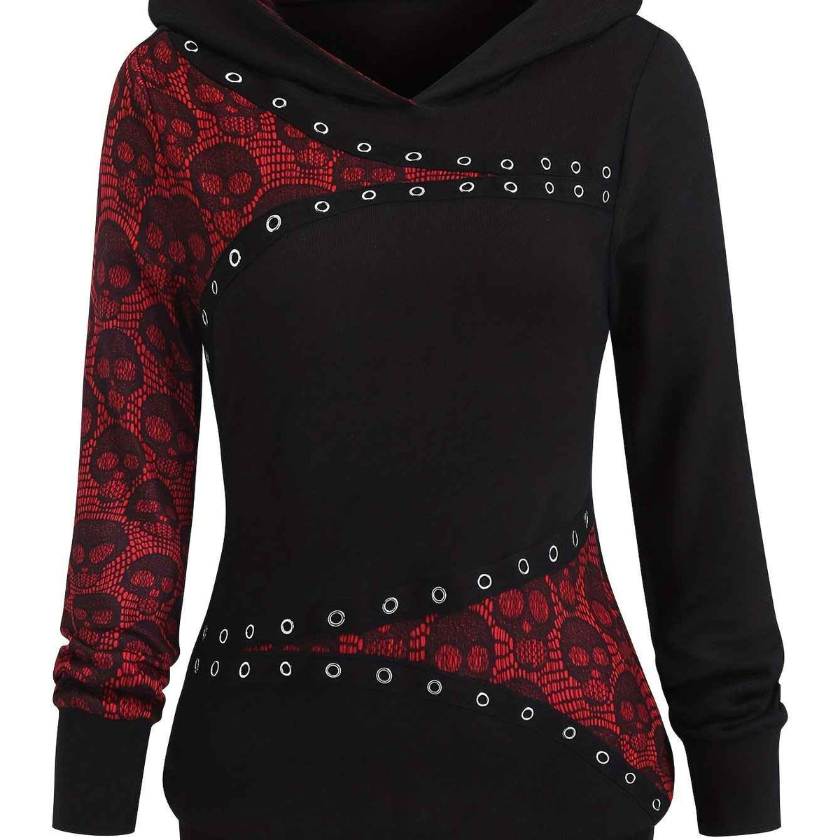 Women's Gothic Retro Skull & Lace-like Hooded Sweater - Black & White Color-Block Long Sleeve with Metal Grommet Eyelets, Slim-Fit Winter Warm Pullover, Machine Washable for Casual & Costume Outfits